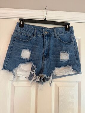 Distressed High-Rise Denim Shorts - Blue